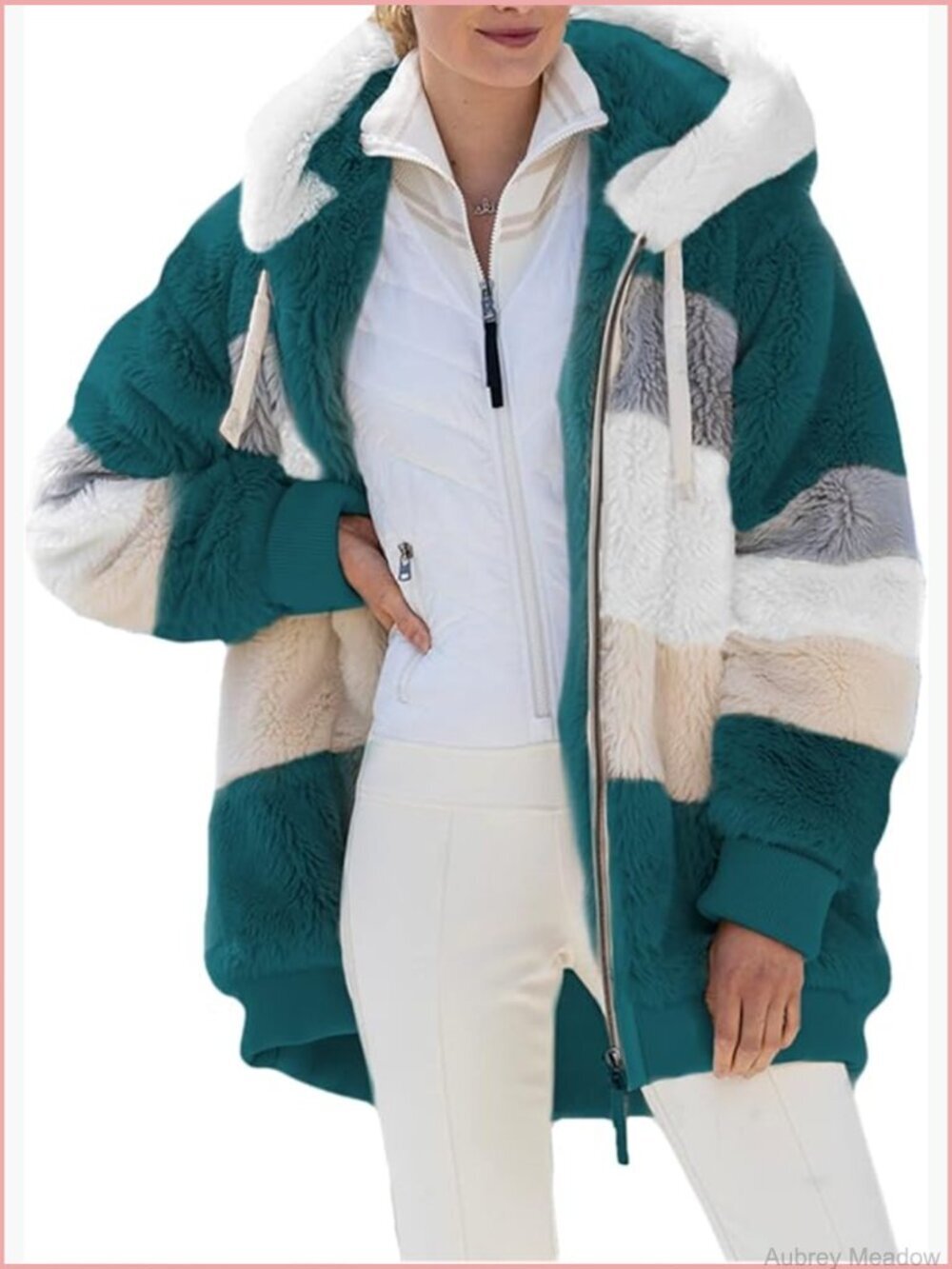 Fuzzy Fleece Hooded Jacket Color Block Patchwork Cardigan with Pockets